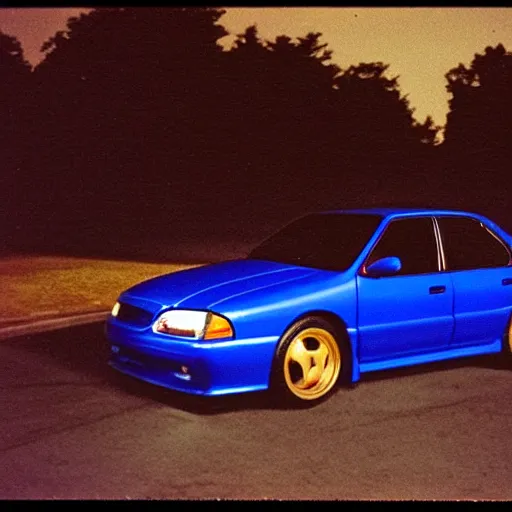 Prompt: retro 90s 97’ film photo harsh flash. Night time dark dimly lit parking lot. 1996 blue Subraru WRX STi front side view. ((Polaroid)) harsh flash amateur photo (gold rims) ((motion blur)) ((low exposure))