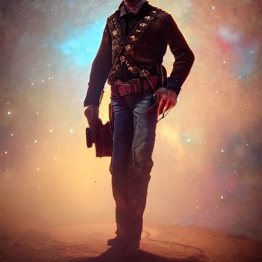 Prompt: Photorealistic Wyatt Earp as a space cowboy. Hyperdetailed photorealism, 108 megapixels, amazing depth, glowing rich colors, powerful imagery, psychedelic Overtones, 3D finalrender, 3d shading, cinematic lighting, artstation concept art