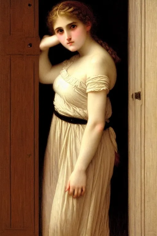 Prompt: girl leaning in doorway under moonlight by auguste toulmouche and bouguereau, dark lighting, perfectly detailed eyes, beautiful hands, pale skin, blonde hair, dreamy mood