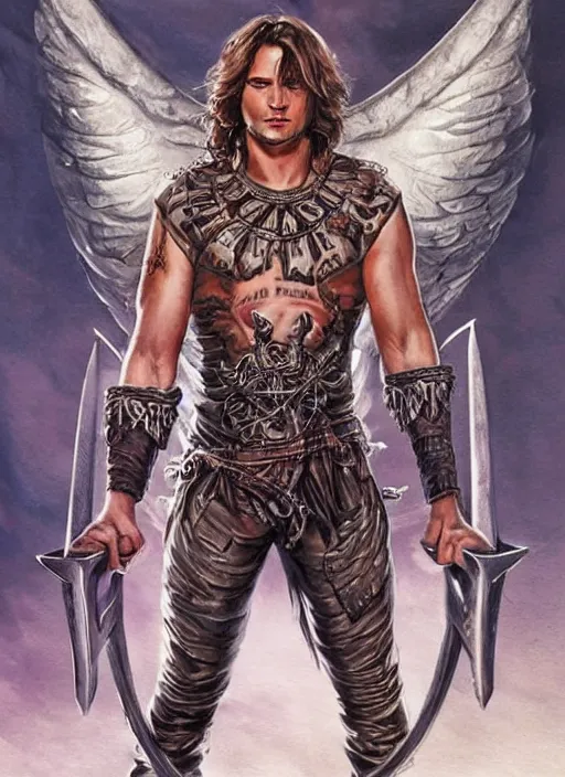 Prompt: front portrait of attractive Sam Winchester as a muscular warrior holding crossed swords metalic wings wide open, teared apart T-Shirt whole body tattooed with runes and satanic symbols, D&D!, fantasy style, sharp focus!, ultra detailed, art by Artgerm and Peter Andrew Jones, WLUP