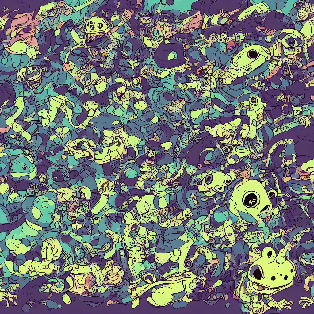 Image similar to toads, deconstructed amphibian, ryuta ueda artwork, breakcore, style of jet set radio, y 2 k, gloom, space, cel - shaded art style, indigo rainbow, data, minimal, code, cybernetic, dark, eerie, cyber