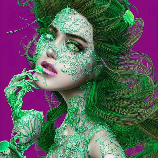 Image similar to an absurdly beautiful, elegant, young hypercolorful sensual gravure idol partially made up of emeralds and green petals, ultrafine hyperrealistic detailed face illustration by kim jung gi, irakli nadar, intricate linework, sharp focus, bright colors, matte, octopath traveler, final fantasy, unreal engine highly rendered, global illumination, radiant light, intricate environment