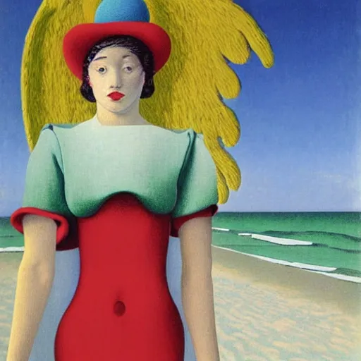 Image similar to An angel girl with jester hat and clothes on the front of a Balustrade with a beach on the background, major arcana cards, by Rene Magritte, hyperrealistic