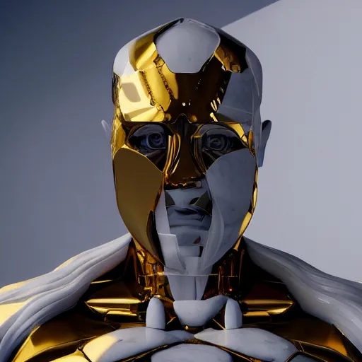 Prompt: statue of white marble with gold veins of strong attractive futuristic cybernetic man adonis posing, hyper realistic, transhumanism, perfect symmetrical body, perfect symmetrical face, hyper detailed, octane render blender, 8 k