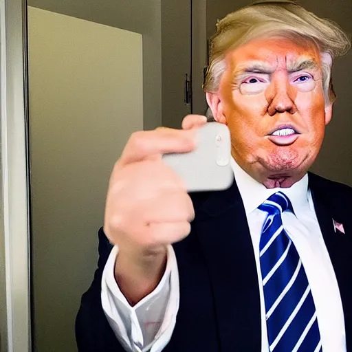Prompt: selfie of donald trump in the office wearing suit, very handsome
