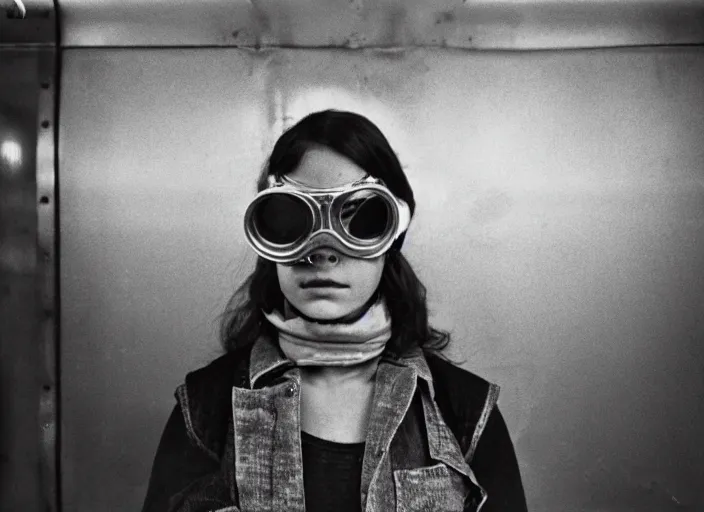 Image similar to close - up portrait of a young woman wearing a choker and welding goggles, in a subway, richard avedon, tri - x pan