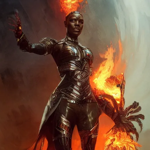 Prompt: a wakandan warrior wearing a fiery flamng armor, ultra realistic, concept art, intricate details, eerie, horror, highly detailed, photorealistic, octane render, 8 k, unreal engine. art by artgerm and greg rutkowski and alphonse mucha