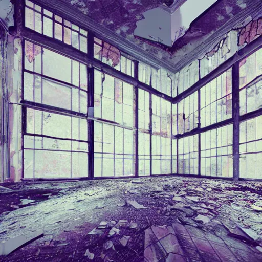 Image similar to realistic photograph of an abandoned building interior glitching through reality, glitch art