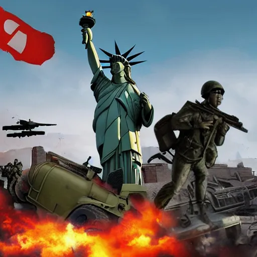 Image similar to The war between the Soviet Union and America, the action takes place in New York, far away against the background of the Statue of Liberty, a lot of soldiers and military equipment, a lot of explosions and tracer bullets, a lot of ruins, a very epic battle, Retro futurism art