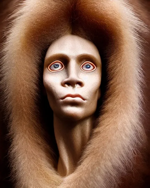 Image similar to kodak portra 4 0 0 of portrait of a cavewoman neanderthal, elegant, 1 5 0 mm lens, art nouveau fashion embroidered, hyper realistic, ultra detailed, soft colours scheme, emotionally evoking, head in focus, fantasy, soft blur background light, volumetric lighting, highly detailed, refined, highly detailed, fine art fashion magazine style, hyper realistic, photo realistic