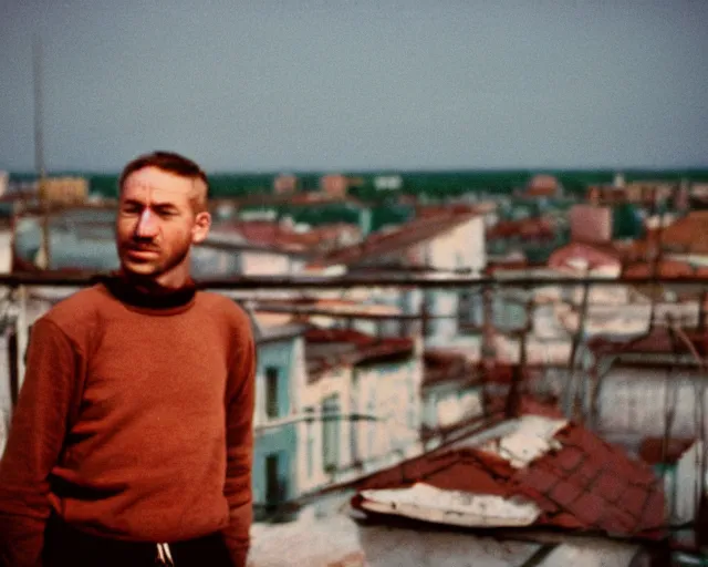 Image similar to lomo photo of man standing on the roof of soviet hrushevka, small town, cinestill, bokeh, out of focus