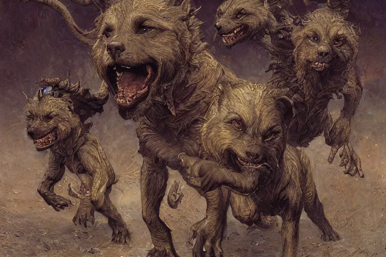 Prompt: cerberus hyperdetailed photo of a cerberus by ed binkley, ilya repin, alex horley, johfra bosschart, craig mullins, three head one body, cerberus, details