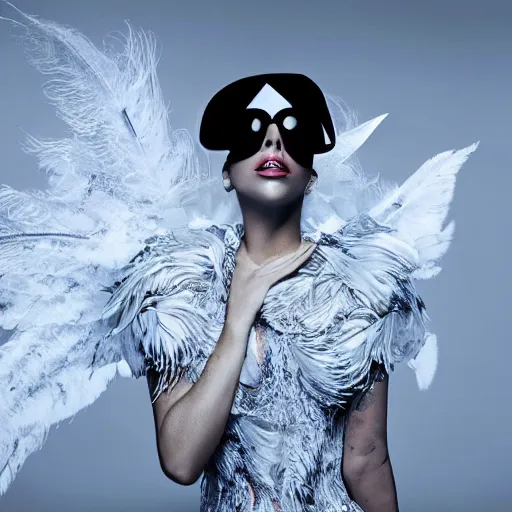 Image similar to lady gaga in a white dress with a plastic bag over her shoulder, a hologram by Alexander McQueen, featured on polycount, gothic art, made of feathers, ethereal, angelic photograph