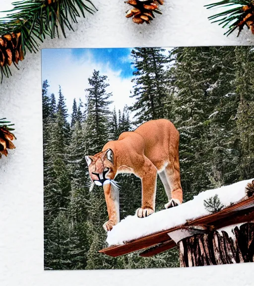 Prompt: torn up postcard of 'a cougar sleeping in the middle of snowy pine tree' laying on coffee table, zoomed out shot, HD, iphone capture