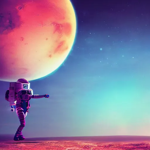 Image similar to A wide-angle shot from below of a female astronaut with an athletic feminine body walking with swagger toward camera on Mars in an infinite universe, synthwave digital art