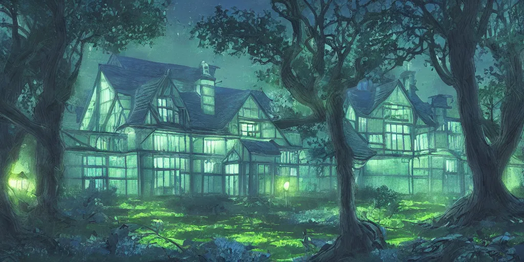 Prompt: manor in the middle of the forest, at night, green, dark blue!!!!, bright, artstation, detailled, manga!!!, fantasy!!!!!!