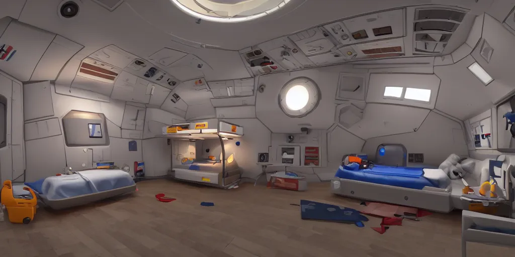 Image similar to Room of a spacecraft, with a bunk bed, warm tones, lights, gloom and lights, photo realistic, playing, CGI, Unreal Engine, Hdri