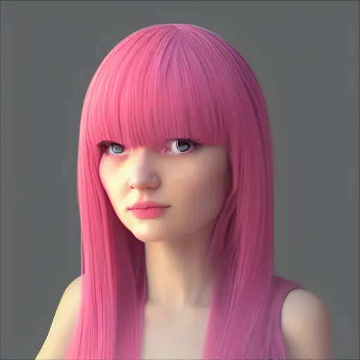 Prompt: A 3d cgi toon young woman with long pink hair, full bangs, amber eyes, pale skin, Chinese, medium shot, mid-shot, soft focus, 4k, trending on artstation