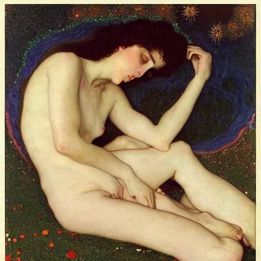 Prompt: goddess of transcendential consciousness, william - adolphe bouguereau, egon schiele, gustav klimt