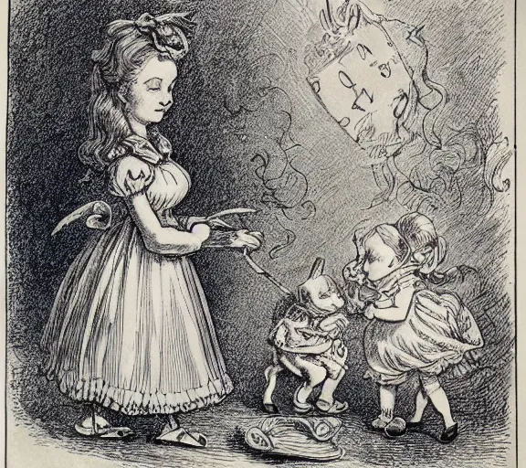 Image similar to Tenniel illustration portrait of Alice, walking in wonderland