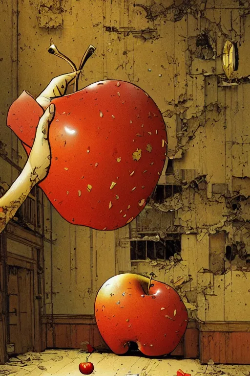 Prompt: A giant apple floating in an abandoned room, detailed art Geof Darrow and Phil hale and Ilya repin