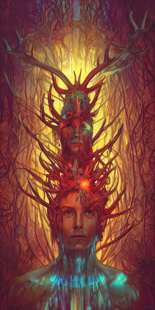 Image similar to intense glowing pagan god with antlers and veins and intense glowing eyes in very dark forest by karol bak and beksinski and alphonse mucha, portrait, fantasy, clear, light beams, lens flare, intense, uhd, red and teal and yellow, amazing depth, cinematic lighting