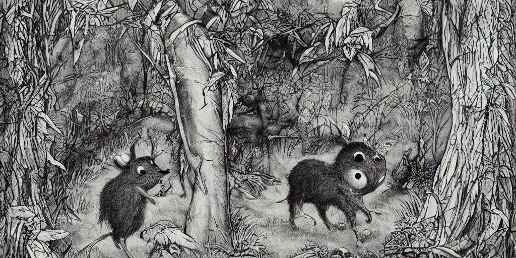 Image similar to detailed illustration, “A terrifying and evil creature found in the Australian bush in the style of May Gibbs”,