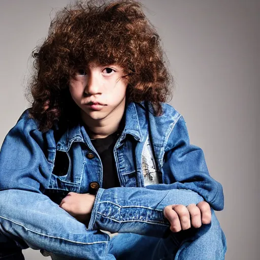 Image similar to teenage bboy, long shaggy hair permed hair, double denim, heavy rocker, 2 0 2 2 photograph