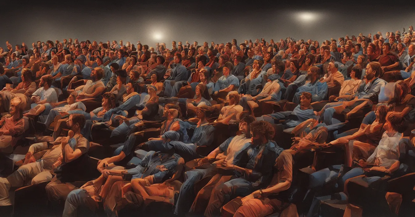 Image similar to rear view of the seated souls in the cinema watching volumetric light of consciousness projecting illusions of their lives on the big screen, trapped ego, realistic, deep sense of spirituality, visual plasticity, unreal engine quality, raytracing, vray shading, style of earl norem