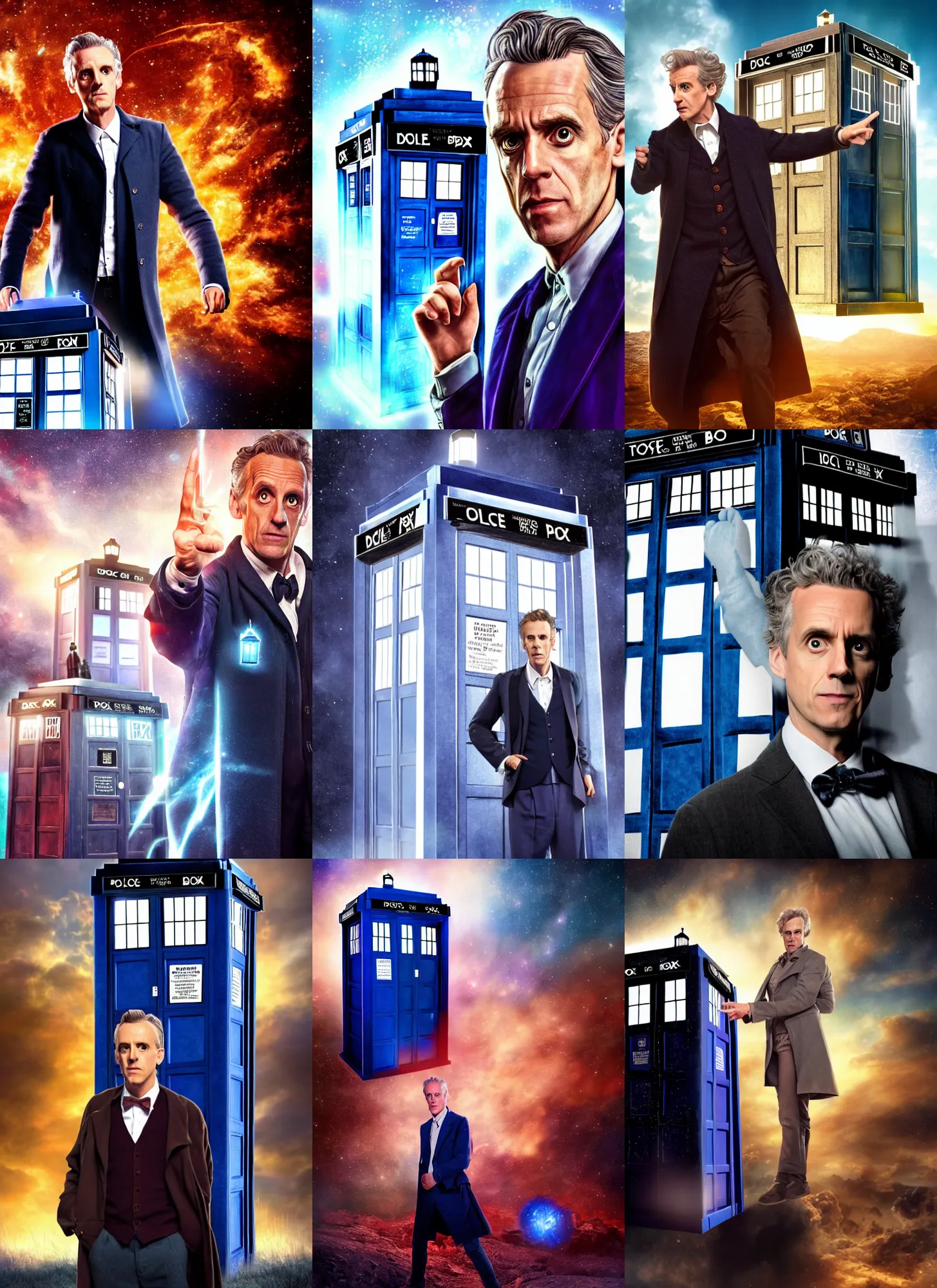 Prompt: promotional poster of Doctor Who played by Jordan Peterson standing next to the TARDIS, digital art, trending on artstation, 4k