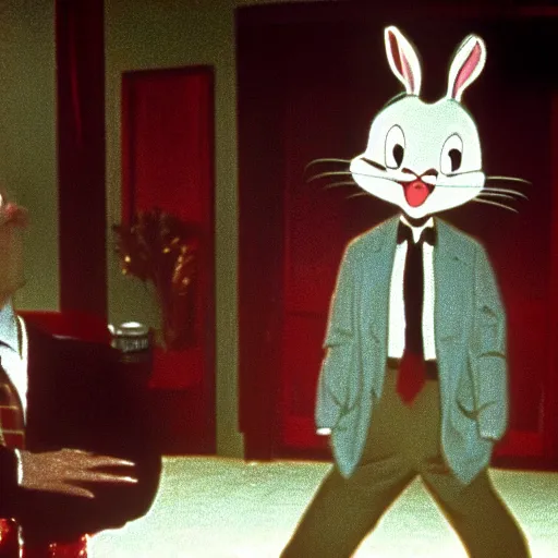 Image similar to Film still of Bugs Bunny in Twin Peaks (1990 TV Series, David Lynch), eerie, ominous, the black lodge (Twin Peaks)