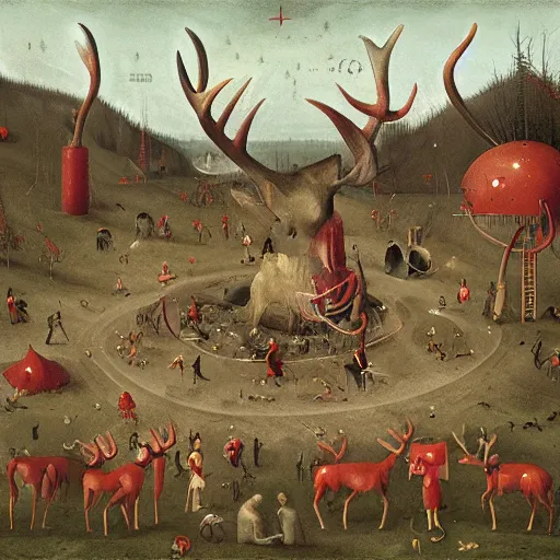 Image similar to the glory of the red antlers, by simon stalenhag in the style of hieronymus bosch