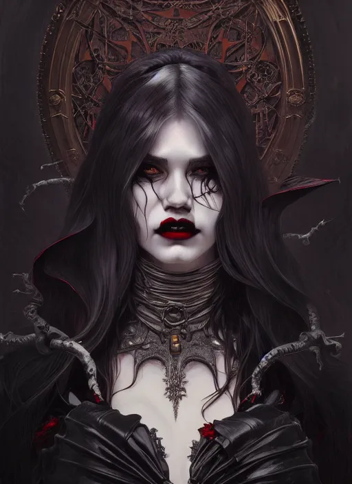 Image similar to hyper detailed ultra sharp painting of a vampire revenant. trending on artstation, warpaint aesthetic, darkwave, gothic, eerie, ornate, intricate, digital painting, concept art, smooth, sharp focus, illustration, art by artgerm and james jean, gilleard james and alphonse mucha, 8 k