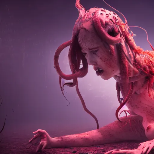 Prompt: beautiful, terrifying, demonic, full body female, with the body of a goddess, with parasitic tentacles crawling up her, in a underwater horror scene, photo realistic, dramatic cinematic lighting, octane render, 4k, ultra detailed,
