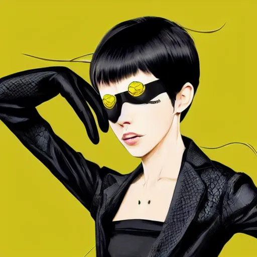 Image similar to slim girl in yellow snake skin tuxedo and black leather gloves with short black hair and with black eye patch, elegant, 2d, ultra highly detailed, digital painting, smooth, sharp focus, artstation, art by Ilya Kuvshinov