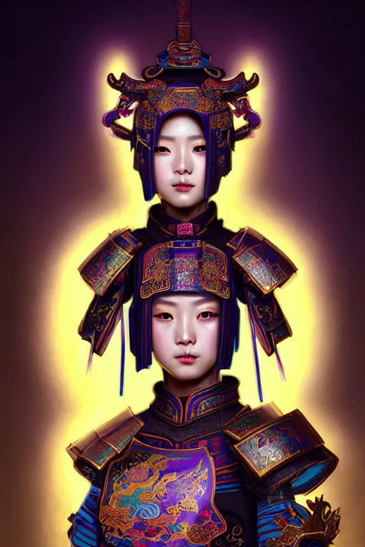 Image similar to beautiful and divine and holy and elite and colorlpunk three kingdom chinese female armor knight portrait like twice tzuyu+shinnyy eyes, ssci-fi, fantasy, neon light at chinese temple rooftop, art and illustration by tian zi and craig mullins and WLOP and alphonse mucha, fantasy, intricate complexity, human structure, human anatomy, fantasy character concept, watermark, blurry, hyperrealism 8k