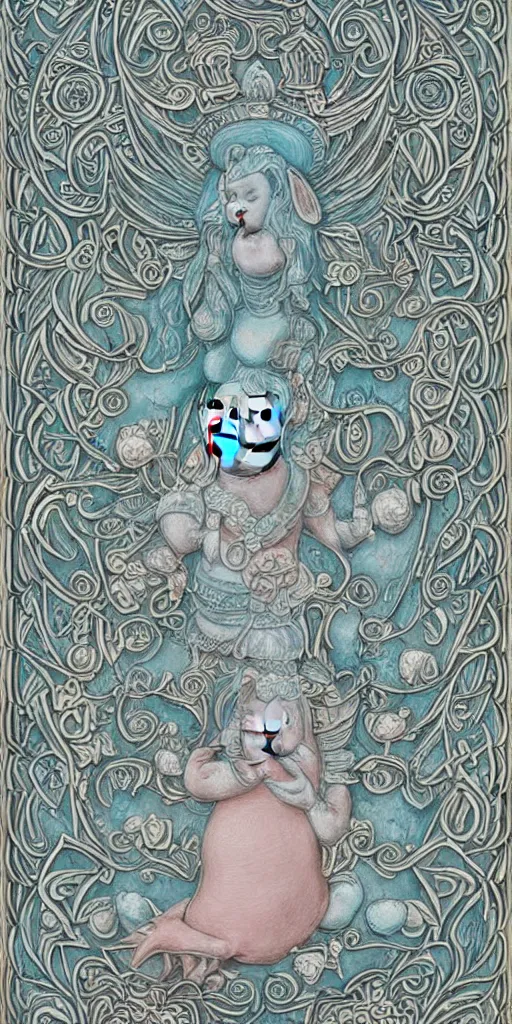 Image similar to intricate colourfully painted carved Soapstone relief paneling, white and pale blue , celestial, pig, piglet, piggy, pig goddess, mother earth, Earth Goddess mythology, Gaia, angels, divinity, Ghostly, crystaline celtic, insanly detailed , artstation, wallpaper, hyper realistic, realistic lighting