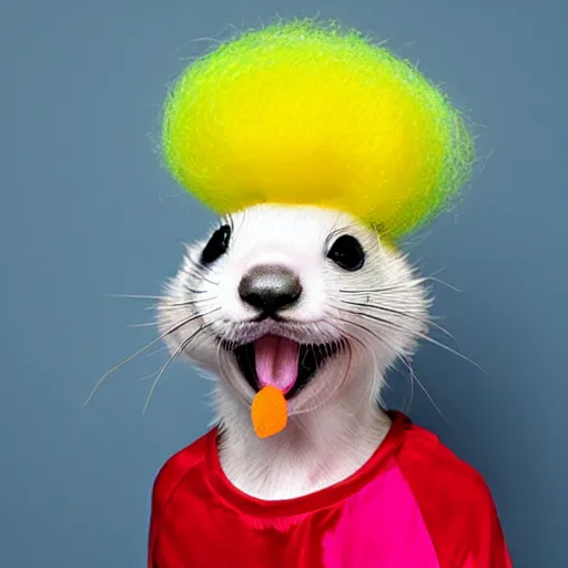 Image similar to ferret with clown makeup and rainbow clown wig