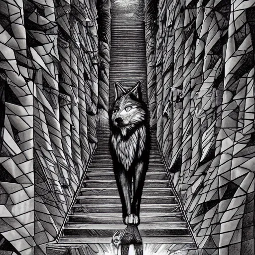 Image similar to a huge howling angry wolf in a huge bright maze of many doorways and lots of stairs, many doorways, inside MC Escher architecture, artstation, Junji Ito, epic composition, detailed background