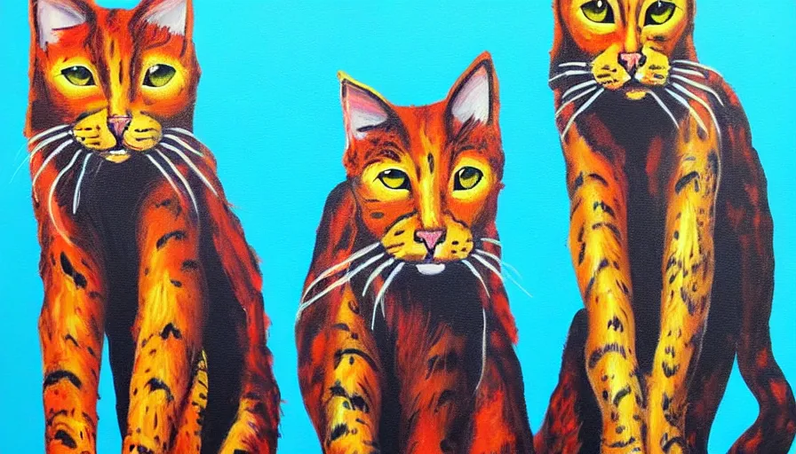 Prompt: messy acrylic painting of really tall cats by daniel patrick kessler, kessler art