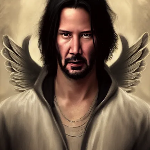 Prompt: Keanu Reeves as an angel, 8k, intricate, cinematic lighting, highly detailed, digital painting, artstation, concept art, smooth, sharp focus, illustration, art by Artgerm