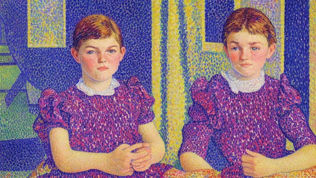 Prompt: A decent young girl portrait by Paul Signac.