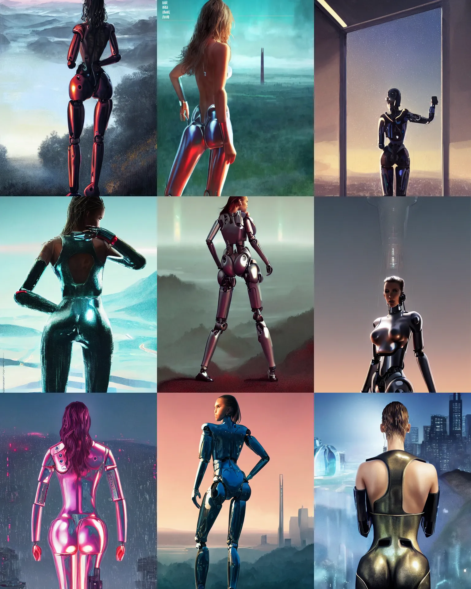 Prompt: magazine cover body portrait of wet jessica alba robot cyborg young woman in a powerful standing pose from behind, overlooking a future SF from twin peaks, facing away from the camera, bold shiny rave outfit :: trending on artstation, morning, ue5, sci-fi concept art :: nixri, Greg rutkowski, wlop, ::