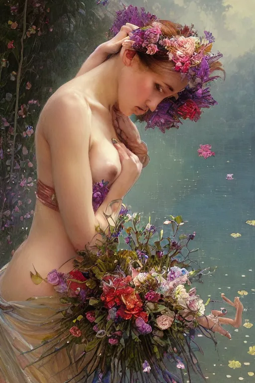 Image similar to portrait of a beautiful mysterious woman holding a bouquet of flowing flowers, hands hidden under the bouquet, lying in a pool of water, fantasy, regal, intricate, by stanley artgerm lau, greg rutkowski, thomas kindkade, alphonse mucha, loish, norman rockwell