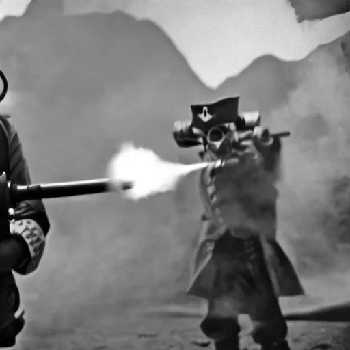 Image similar to a pirate wearing a gasmask holding a mini cannon, film still, arriflex 3 5