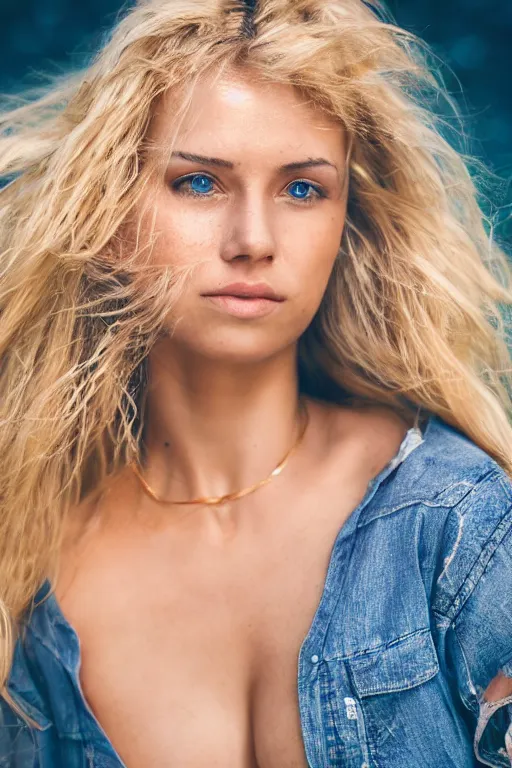 Prompt: head shot photo of a blonde female model in her twenties, hair wet, wearing a designer top, looking content, photo realistic, extreme detail skin, natural beauty, no filter, slr, golden hour, 4 k, high definition, selfie