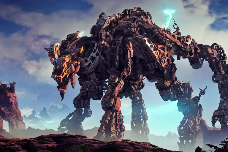 Image similar to rockbreaker machine mecha animal beast robot of horizon forbidden west horizon zero dawn bioluminiscence global illumination ray tracing hdr fanart arstation by sung choi and eric pfeiffer and gabriel garza and casper konefal