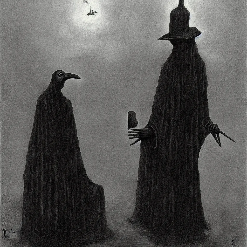 Image similar to Plague doctor. Coffin. Zdzisław Beksiński.