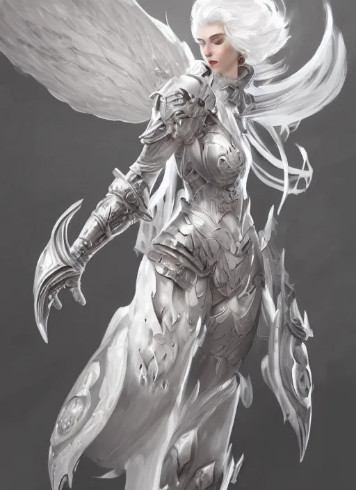 Prompt: a highly detailed illustration of white haired pale lady wearing dieselpunk armor dress with iron wings, dramatic floating pose, intricate, elegant, highly detailed, centered, digital painting, artstation, concept art, smooth, sharp focus, league of legends concept art, wlop