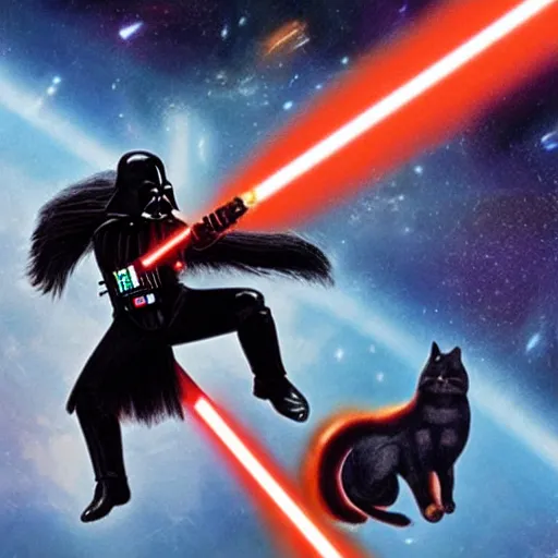 Image similar to Photo of Darth Vader wielding a lightsaber while riding a giant cat in space.